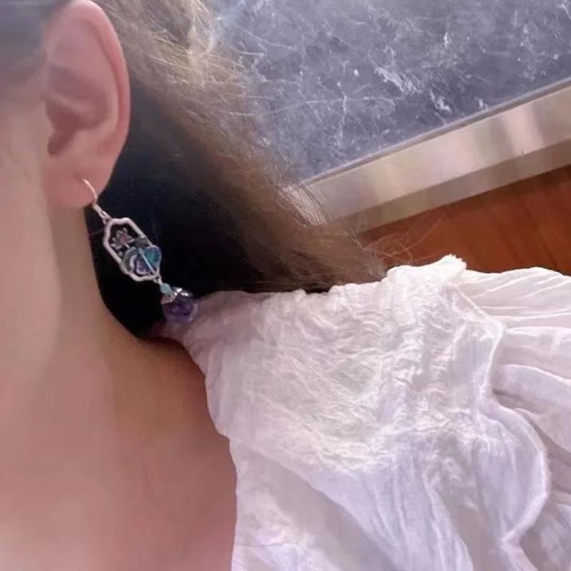 Natural Purple Dragon Crystal Earrings for Women Vintage Cloisonne Craft Enamel Colored Lotus Leaves New In Jewelry