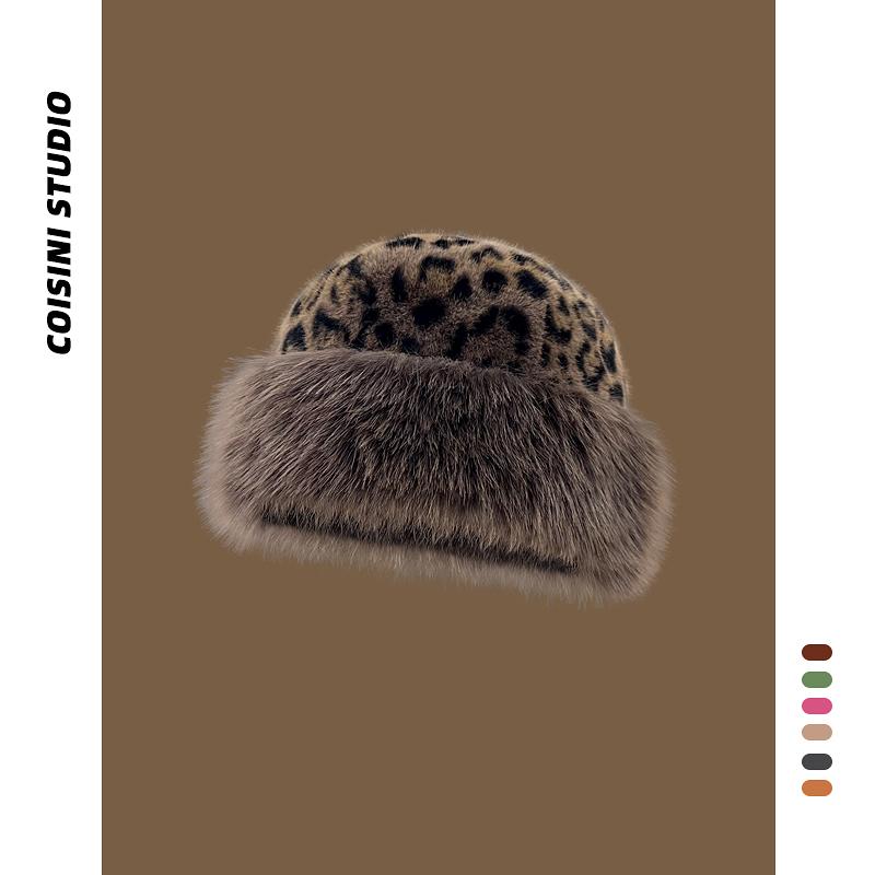 

Ретро леопардовый принт плюшевая панама женская осенне-зимняя новая маленькое лицо утолщенная теплая защита ушей монгольская шапка adult average size цветной печати леопарда