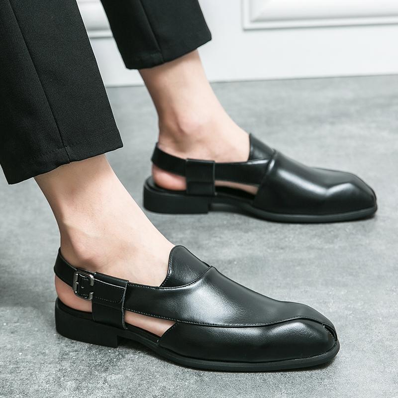 New Vintage Pointed Peep Toe Casual Leather Hollow Breathable Shoes For Men Designer Sandals Wedding Dress Formal Flats Footwear