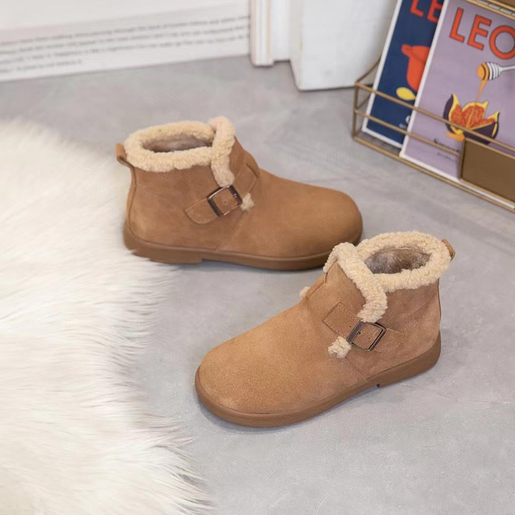 Leather snow boots women's cotton shoes autumn and winter new soft-soled piled thickened warm fluffy shoes flat short boots