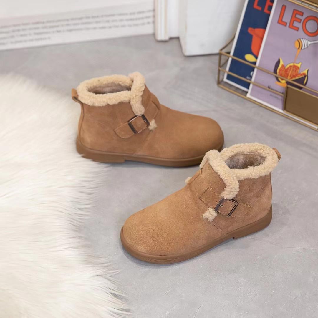 

Leather snow boots women s cotton shoes autumn and winter new soft-soled piled thickened warm fluffy shoes flat short boots 40 верблюд