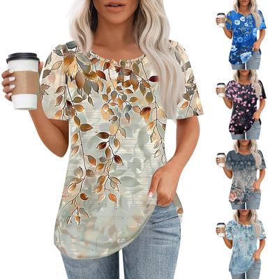 Women's Fashionable Casual Short Sleeve Button Print Round Neck Pullover Top