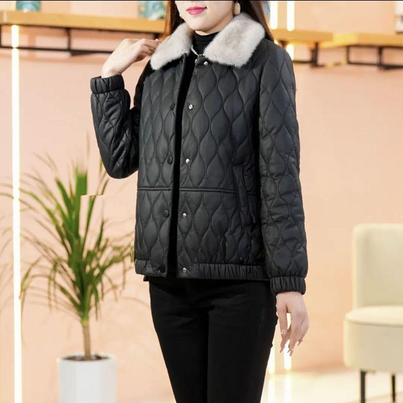 PU leather surface down cotton clothes women's leather jacket jacket women's 2024 autumn and winter new cotton thickened cotton clothes loose
