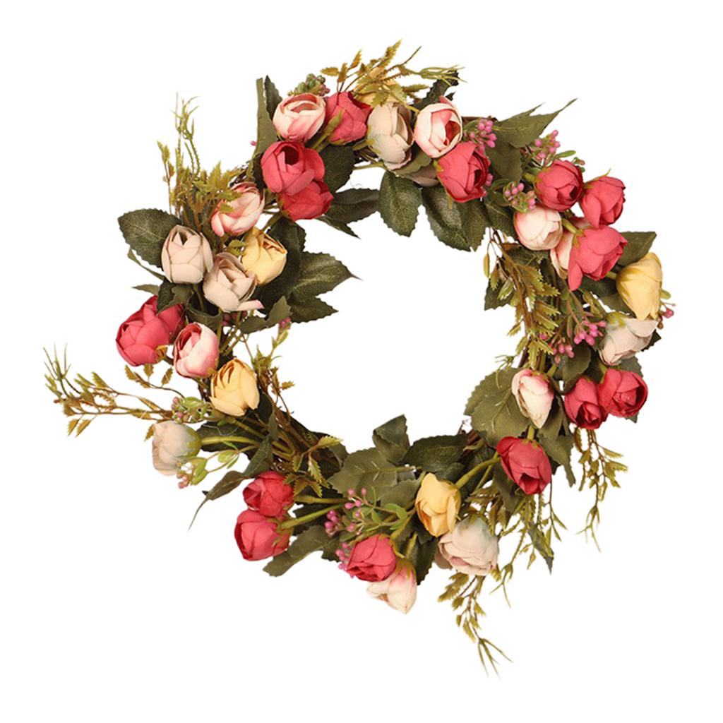 Rose Floral Twig Wreath Handmade Rose Flower Door Wreath with Green Leaves красный
