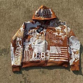 Men's and women's same casual fashion hooded personalized retro loose jacket trade trend printed sweater
