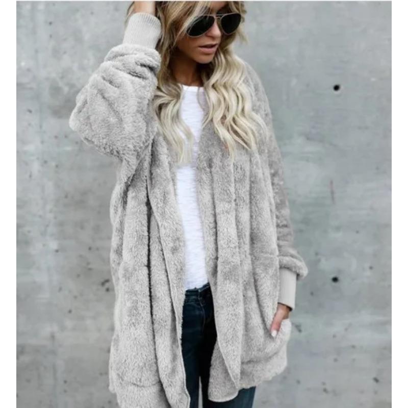 Autumn Winter Double Fleece Cardigan Jacket Women Solid Color Long Sleeve Plush Warm Hooded Lady Jacket Oversized Outerwear