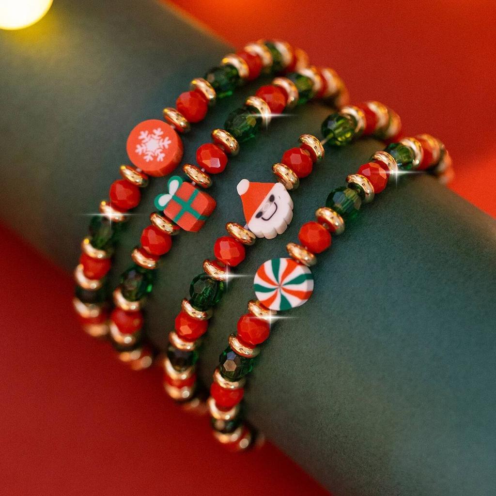 KunJoe 4Pcs/Set Red Green Crystal Bead Chain Bracelet Women Cute Snowflake Snowman Elasticity Charm Bracelets Christmas Jewelry