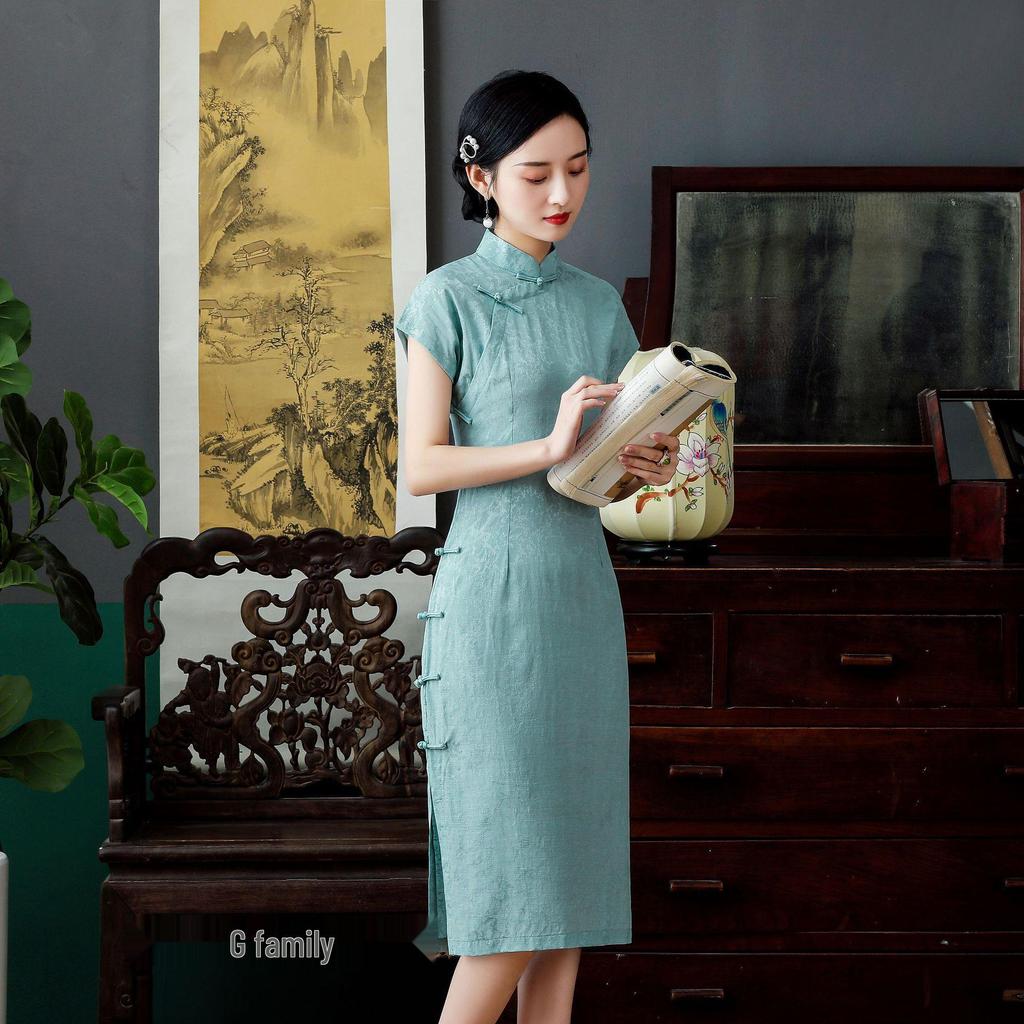 2022 Blue Waist-Slimming Retro Chinese Raglan Sleeve Tencel Cotton Cheongsam
