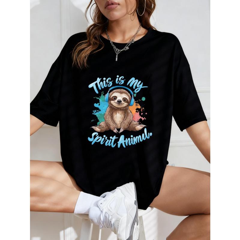 Crew Neck T Shirt White Sloth With Headphones And This Is My Spirit Animal Text Graphic Print Casual Wear For Women