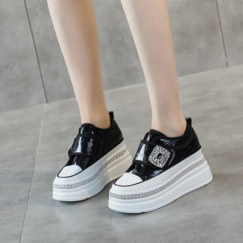 Fashion 8cm Women Genuine Leather Sneakers Platform Pumps White Black Wedge Hidden Heel Hook Spring Autumn Bling Shoe Winter Ankle Boots