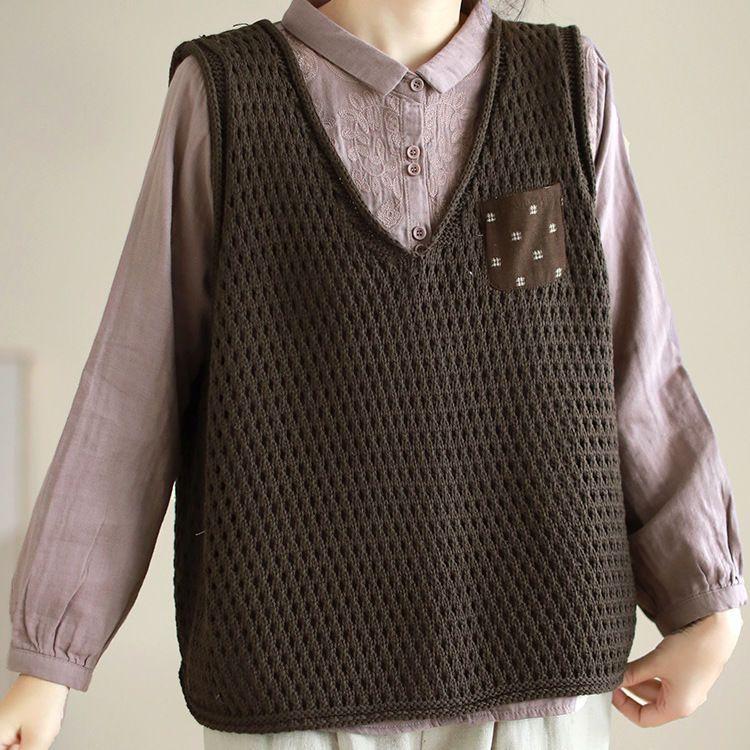 Women's Original Artistic Knitted Vest Appliqué Paneled Solid Color Cotton Thread Hollow-Out Sleeveless Pullover V-Neck Vest