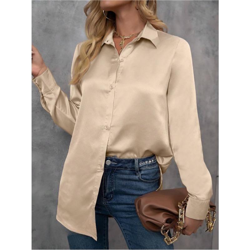Women Satin Solid Lapel Long Sleeve Button Down Office Shirt S