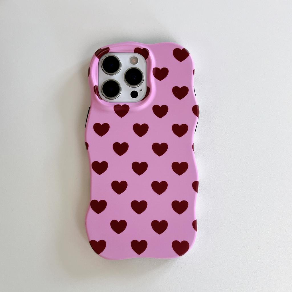 2 In 1 TPU+PC Glossy Cute Heart Hard Phone Case for iPhone 13 14 15 16 Pro Max Wave Edges Comfortable Touch Slim Girly Cover