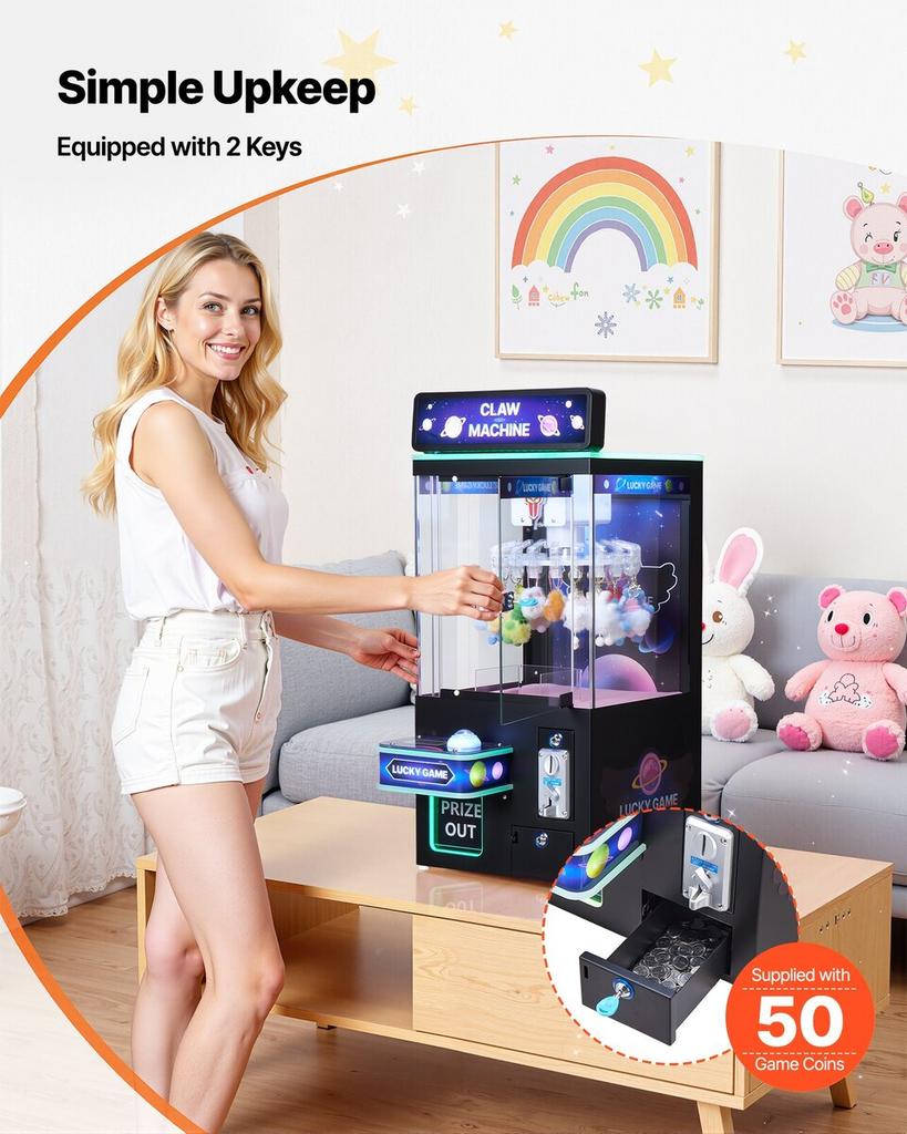 Claw Crane Machine, Medium-Sized Arcade Game Machine with Light & Sound, Adjustable Difficulty, Precise Toy Candy Grabber Prize Dispenser Vending Toy,