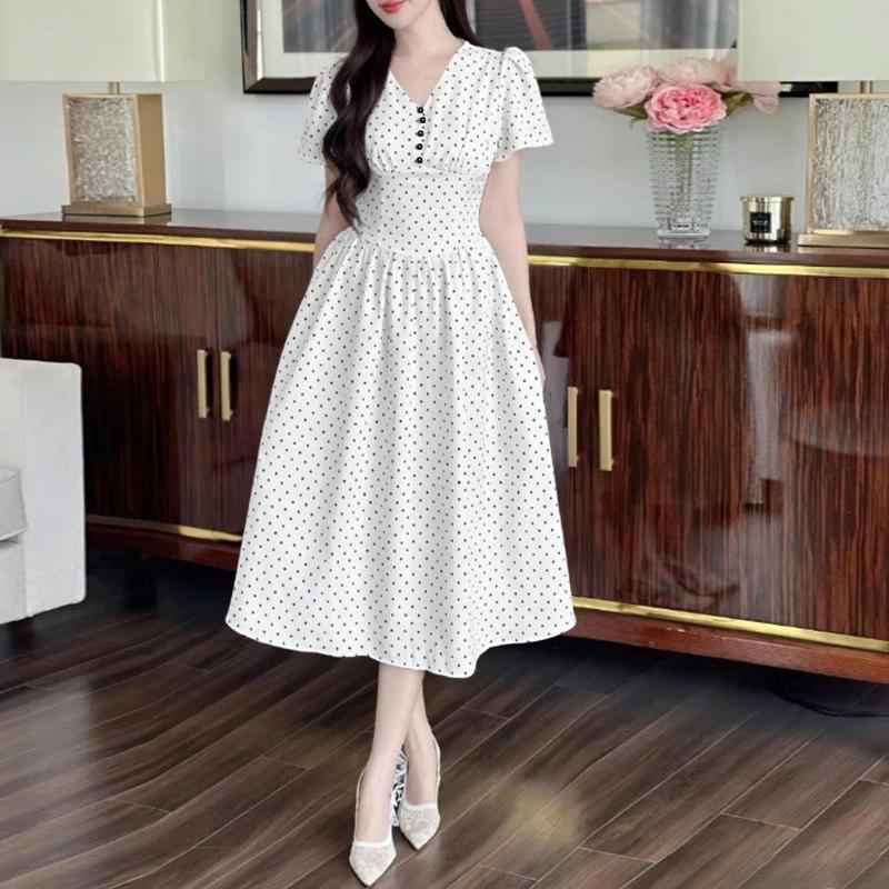 ZANZEA Women Casual V-Neck Polka Dot Print Short Sleeve Dress