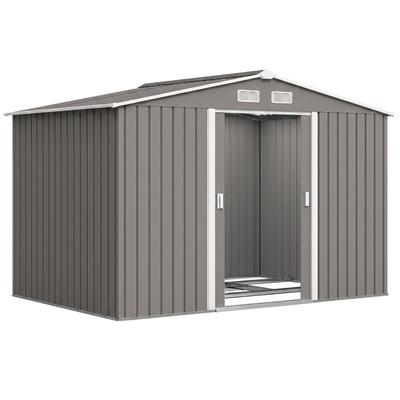 9 X 6FT Outdoor Garden Roofed Metal Storage Shed Tool Box with Foundation Ventilation & Doors Light, Grey