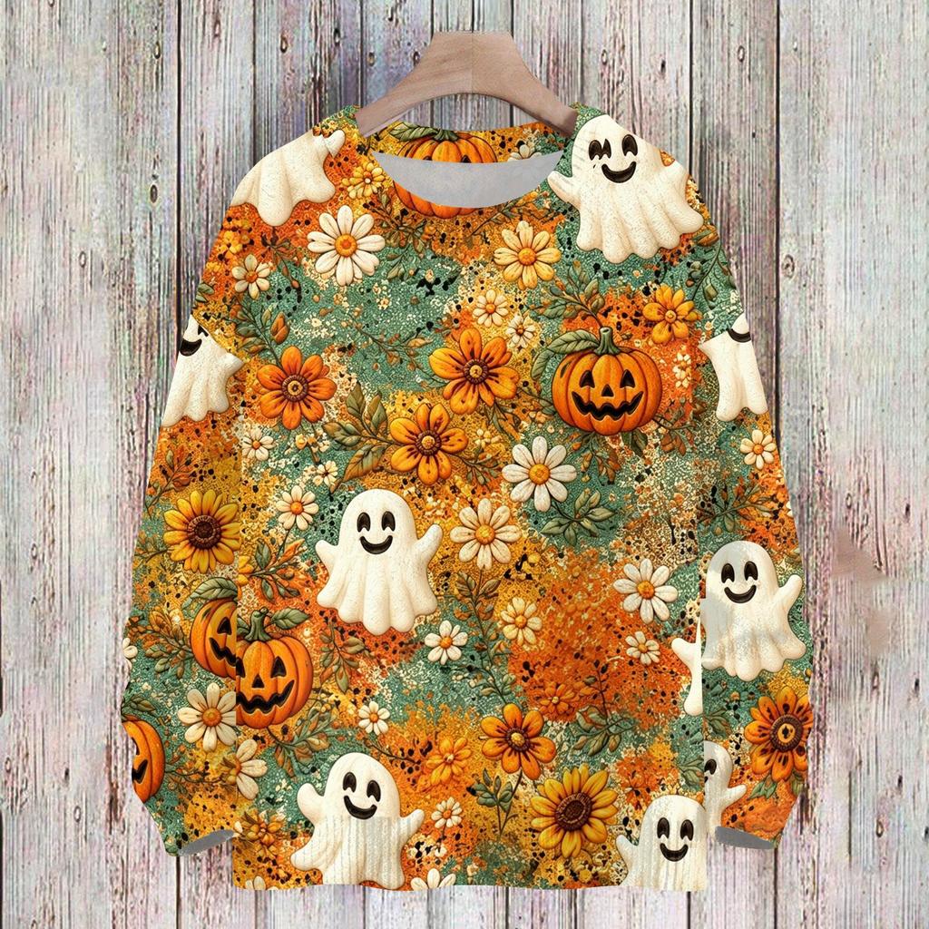 Women's Casual Long Sleeve Halloween Print Round Neck Knit Sweater Top