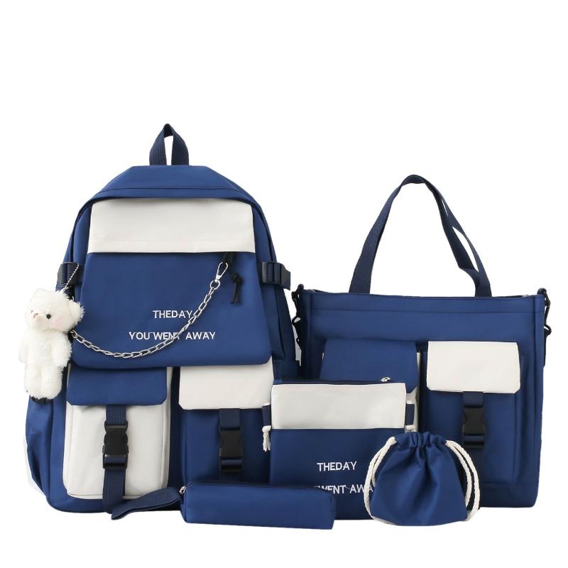 Zaino per la scuola media con ciondolo a forma di orso Zaino per il campus ad alta capacità Colore a contrasto Uomo Donna Zaino da 5 pezzi Borsa a tracolla Borsa a tracolla Astuccio
