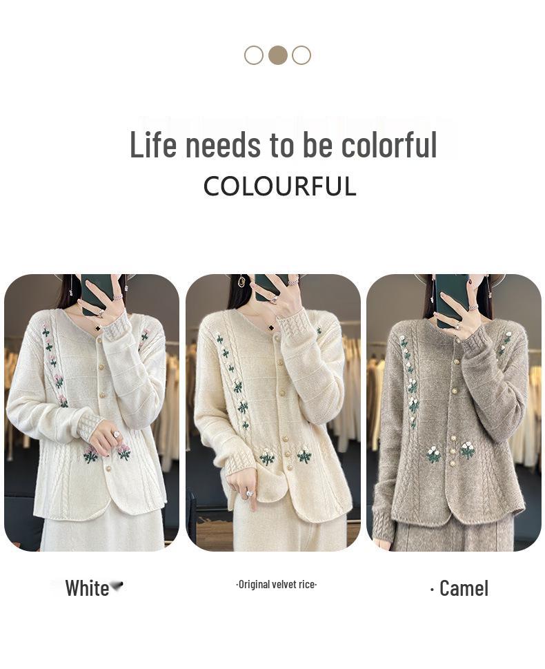 Korean Style High-Design Embroidered Wool Cardigan, Crew Neck, Long Sleeve Knitwear for Spring & Autumn