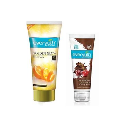 Everyuth Advanced Golden Glow Peel-off Mask, 90 g i Peeling do usuwania opalenizny czekoladowo-wiśniowy 50 g, zestaw combo