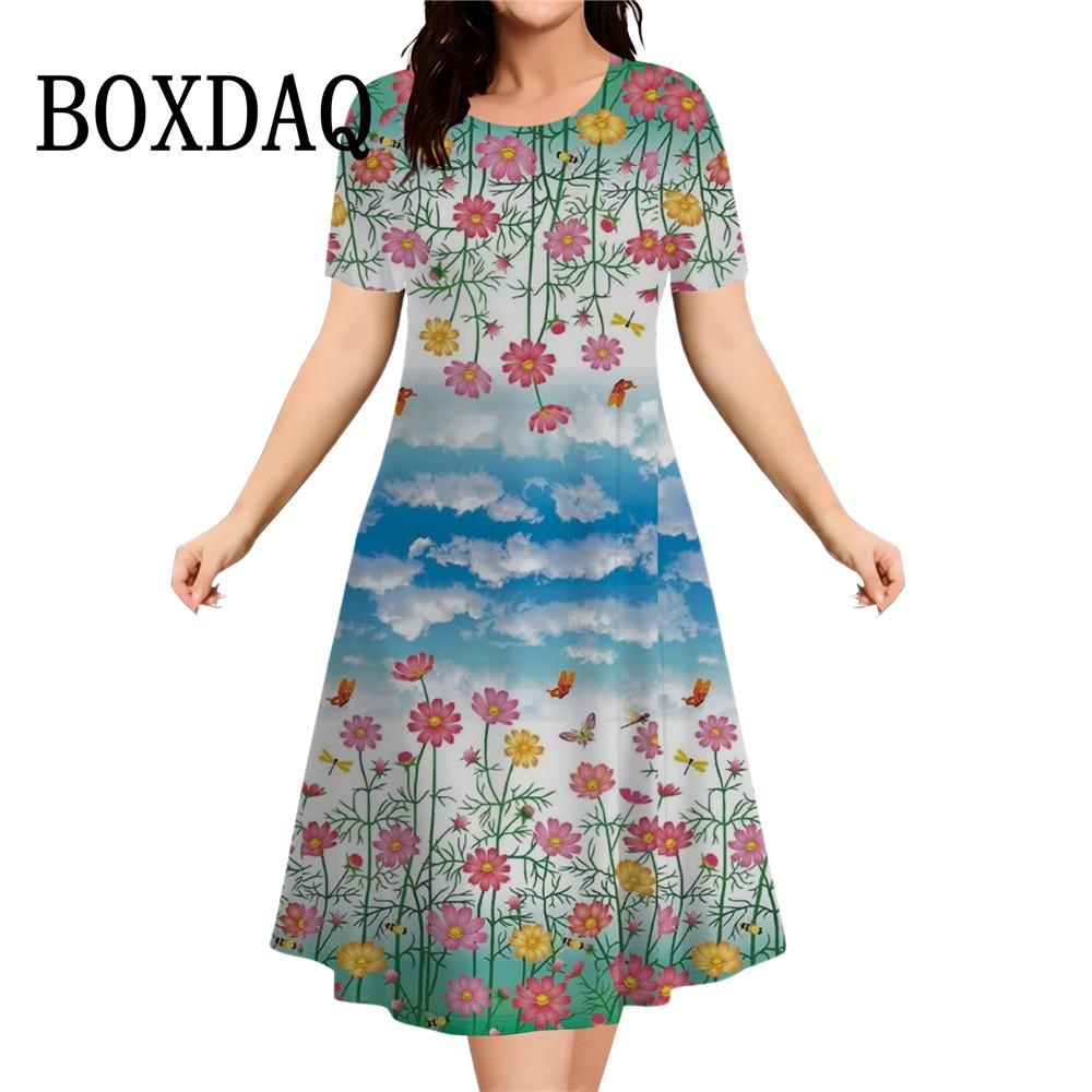 Fashion Elegant Women‘S Dresses Butterfly Flowers Print Dress Casual O-Neck Loose Plus Size Vacation A-Line Clothes 2026 Summer