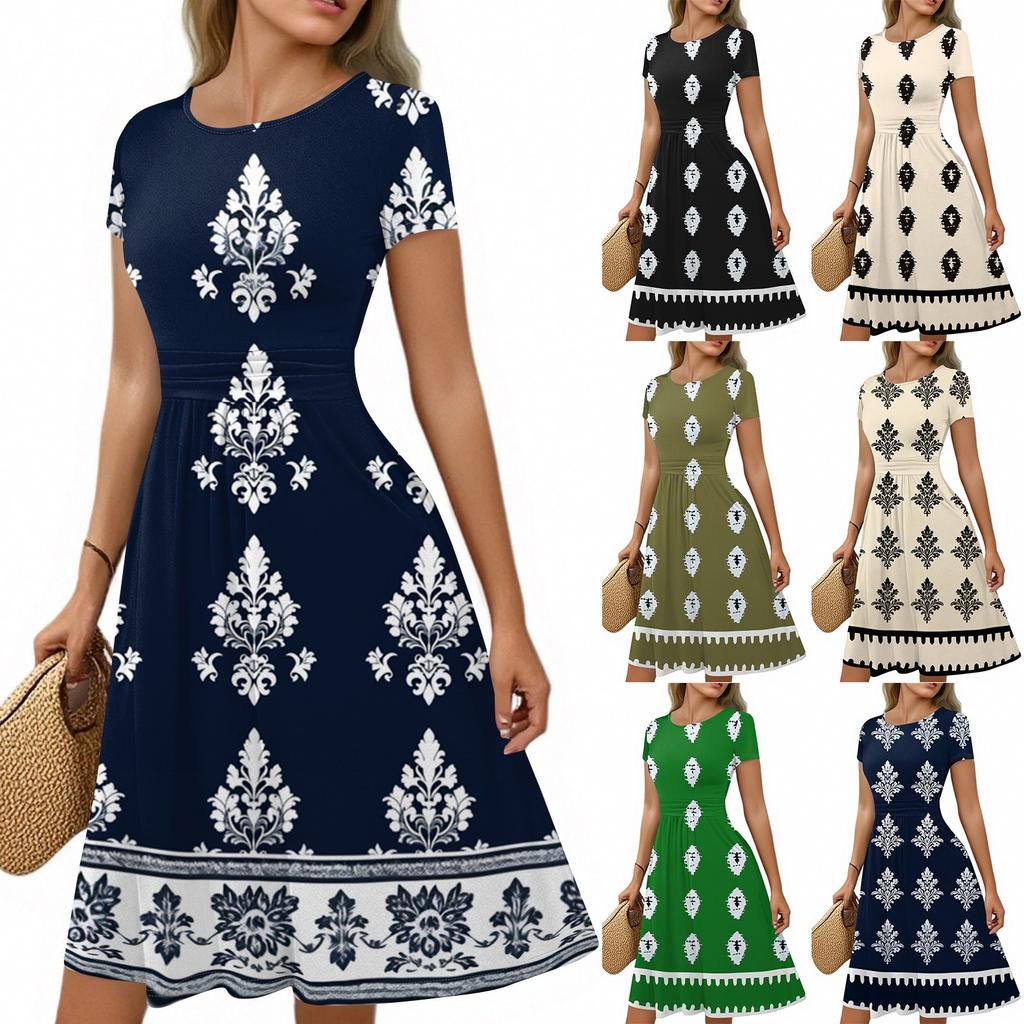 Women's Casual Fashion Round Neck Pleated Short Sleeve Bohemian A-Line Midi Dress