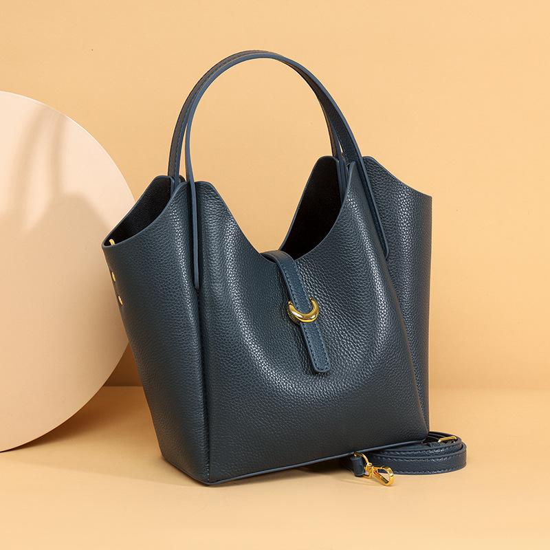 Genuine Leather Women Bucket Tote Bag Versatile Handbag Cowhide Shoulder Bag Large Capacity Commuter Crossbody bag for women