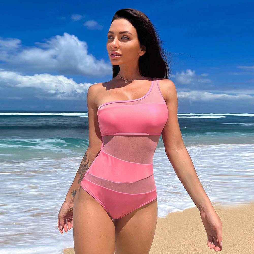 Sexy One Shoulder Mesh Patchwork One-pieces Swimwear Women 2023 Hollow Out High Cut Women's Swimsuit Monokini Push Up Bikini