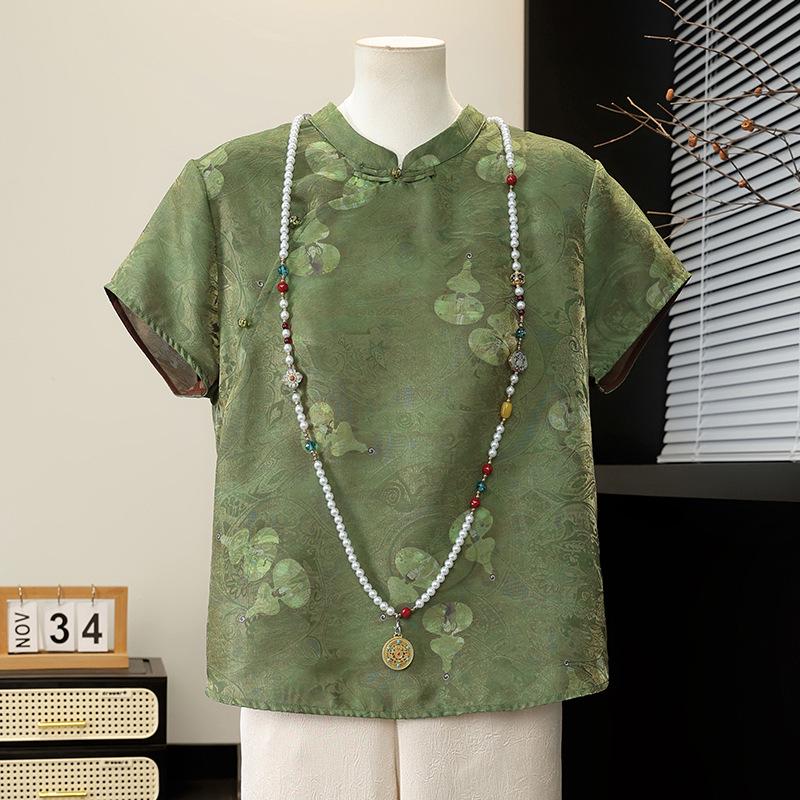 

2026 Summer Style Stand Collar Imitation Silk Top - Chinese National Style for Middle-Aged Women 4XL (Recommended 130-145 jin)