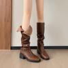 New Style Pleated Buckle Knight Boots for Women Autumn Brown Leather Mid Calf Boots Woman Slip-On Thick Heels Fashionable Boots