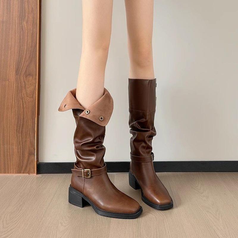 New Style Pleated Buckle Knight Boots for Women Autumn Brown Leather Mid Calf Boots Woman Slip-On Thick Heels Fashionable Boots