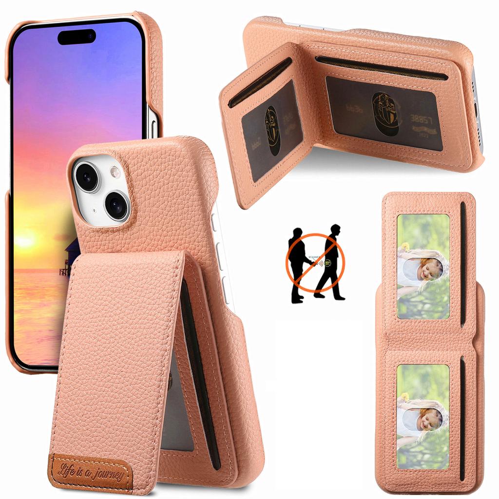 For iPhone 15 Case RFID Blocking Card Holder Litchi Texture Leather Back Cover