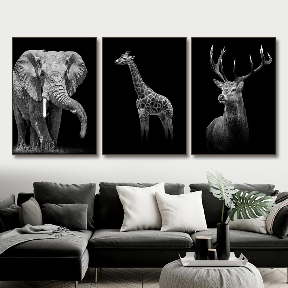 Black and White Wildlife Oil Painting, Tiger, Lion, Elephant Picture, Wall Art Poster and Printmaking Living Room