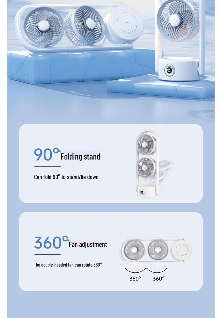 Desktop Dual Head Folding Fan with LED LCD Display & Hook - Portable Ceiling Fan with Night Light