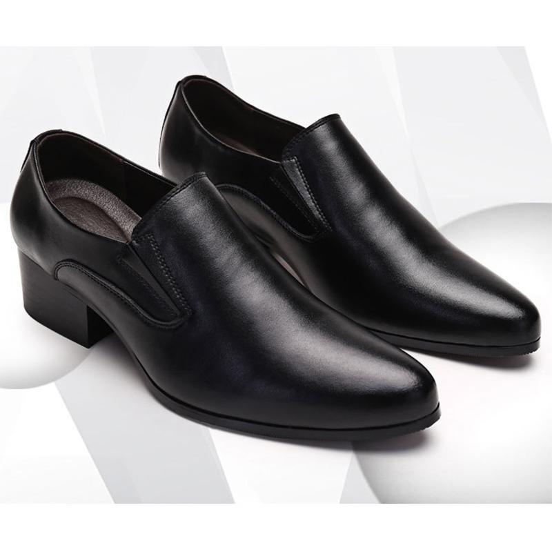 Zapatos para Hombre de Cuero 100% Genuino para Aumentar la Altura 6cm Moda Negocios Fiesta Zapatos Marca Calzado Masculino Negro Puro