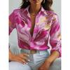 Women Print O-Neck Button Long Sleeve Shirt Loose Casual Holiday Tops Blouse