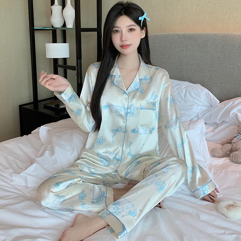 Women's Silky Purple Ice Silk Pajamas Set - Long-Sleeved Cardigan and Pants