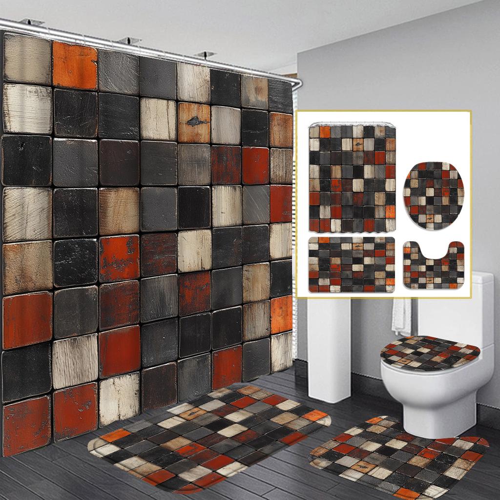 4pcs Bathroom Set Shower Curtain Absorbent Bathroom Floor Carpet U-Shaped Contour Rug Toilet Lid Mat for Bathroom