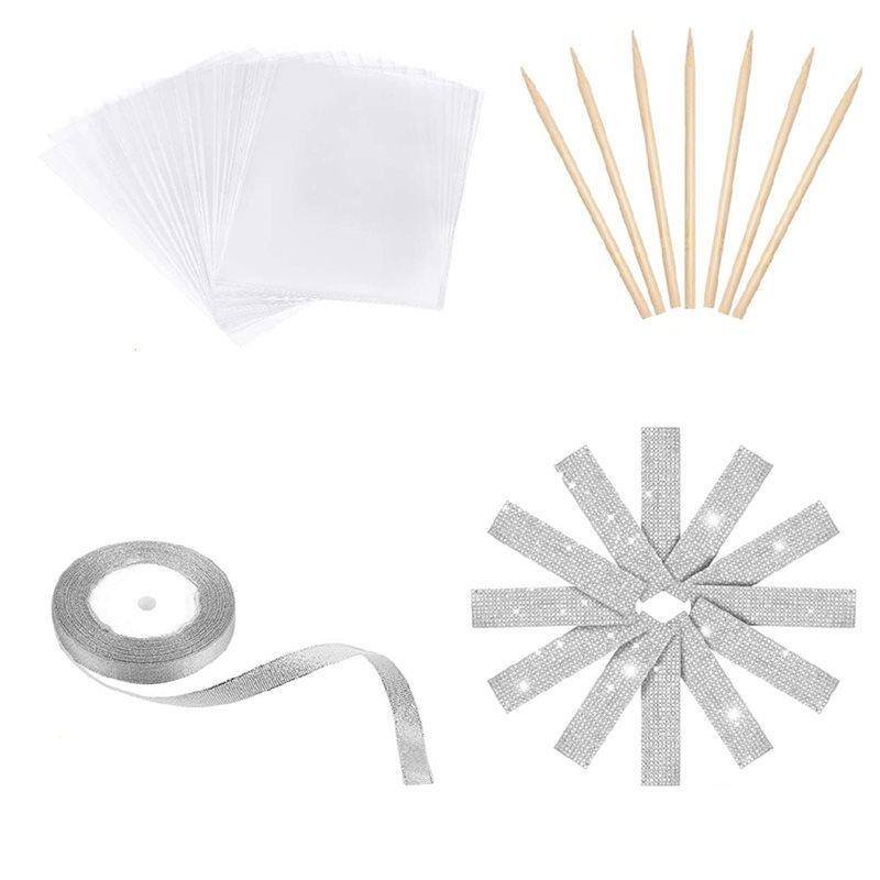 Candy Sticks Caramel And Bags, 72 Pack Silver Glitter Ribbon Caramel Making Kit