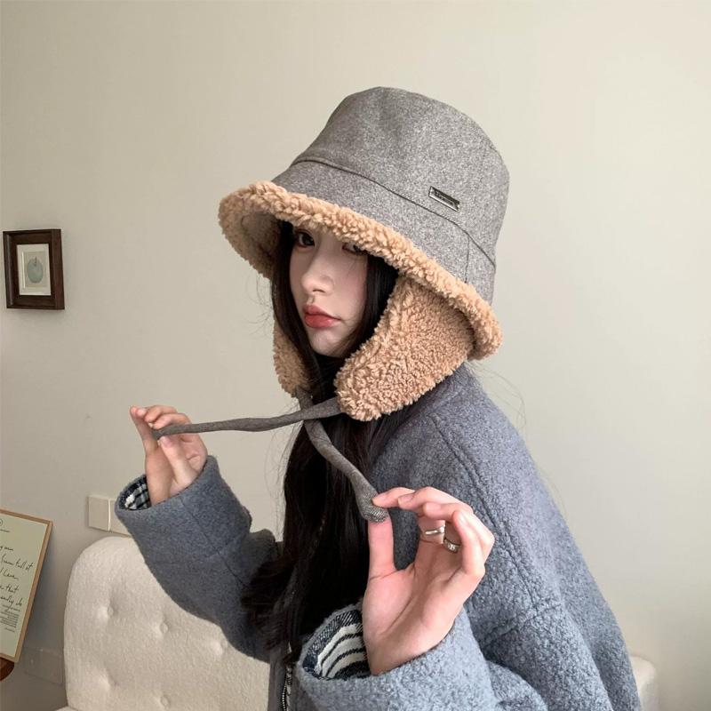 1Pc Bucket Hat Windproof Strap Versatile Lamb's Wool Warm Fisherman Hat Velvet Ear Protection