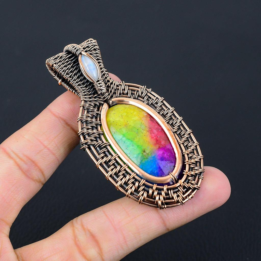 Rainbow Solar Quartz & Moonstone Gemstone Pure Copper Wire Wrap Handmade Lavish Jewelry Pendant