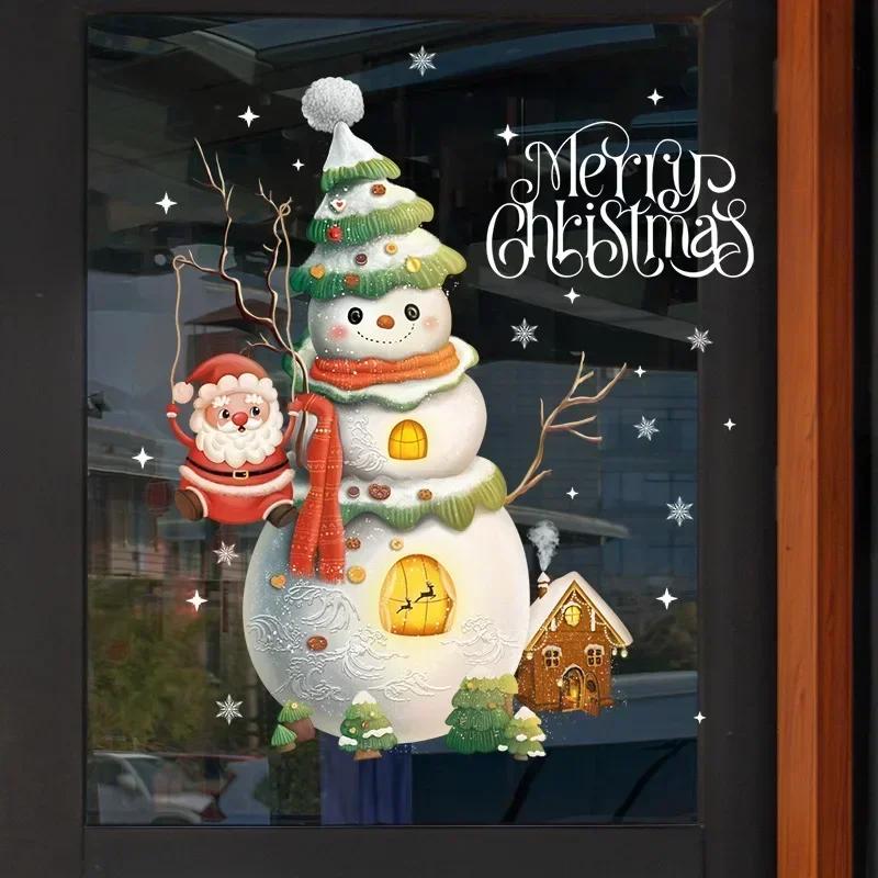 1 Pcs Christmas Window Glass Sticker Cartoon Snowman Pattern Home Living Room Wall Holiday Self-adhesive Decoration Accessories