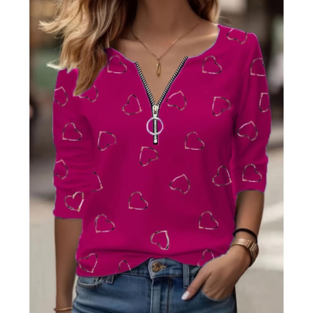 Autumn Zipper V Neck Long Sleeve Print Casual Top Women's Shirt Fashion Loose Blouses And Tops Female
