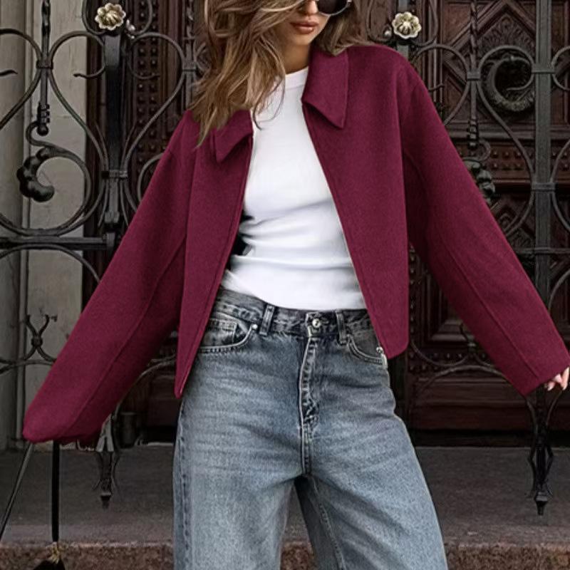 European and American Women's Retro Woolen Turn-Down Collar Short Coat