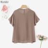 ZANZEA Women Casual Round Neck Loose Ruffles Short Sleeve Blouse