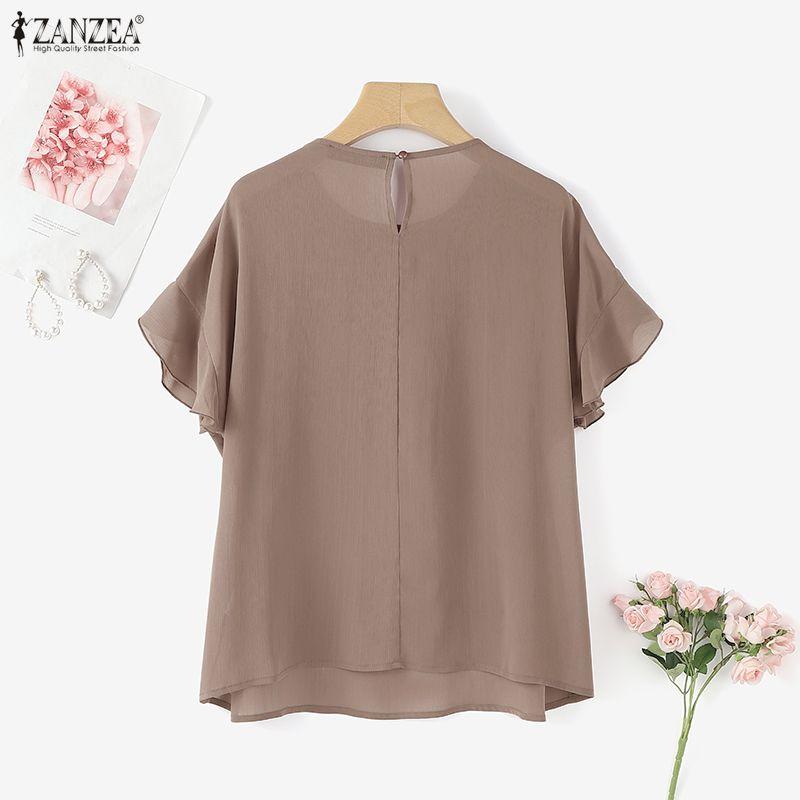 ZANZEA Women Casual Round Neck Loose Ruffles Short Sleeve Blouse