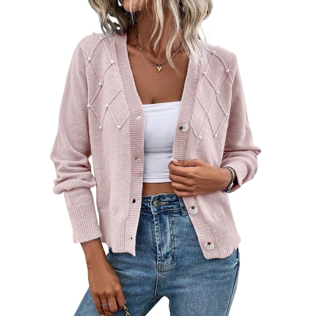 Women's Casual V-Neck Single-Breasted Long-Sleeved Knit Cardigan Long-Sleeved Knit Cardigan Top