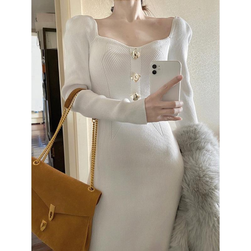 Dress autumn new women's waist thin celebrity temperament high sense white knitted skirt