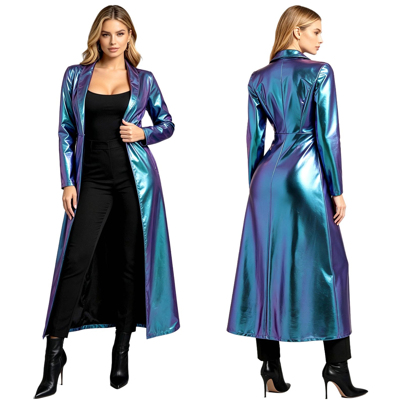Metallischer Langarm-Trenchcoat mit Umlegekragen Ein-Knopf Knöchellange Jacke für Damen Täglich Club Party L blau