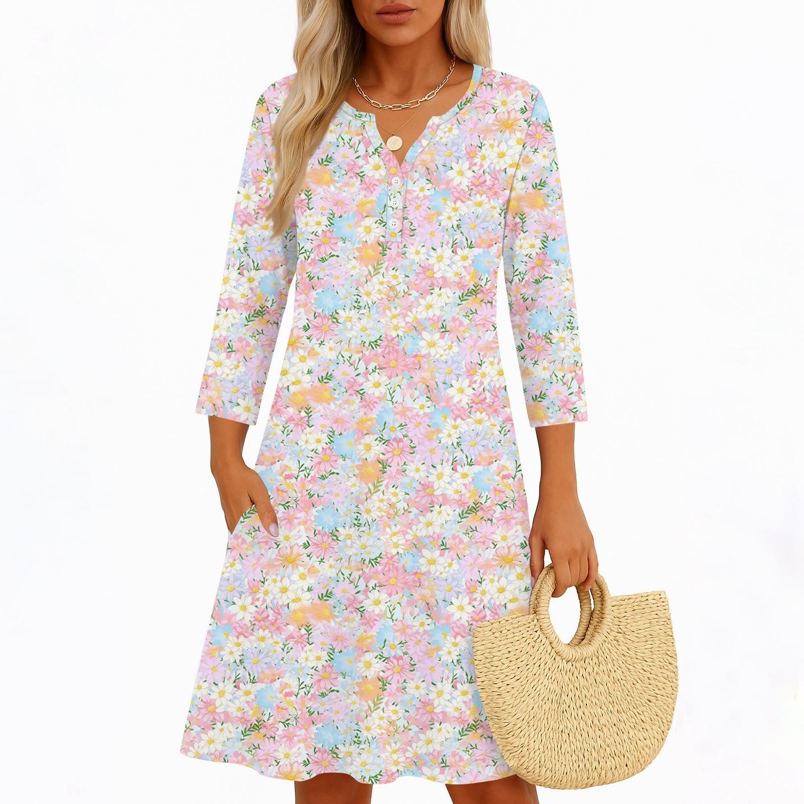 

Платья для женщин Весенние сарафаны Женское повседневное платье с рукавом 3/4 V-образный вырез Бохо Платье с цветочным принтом M